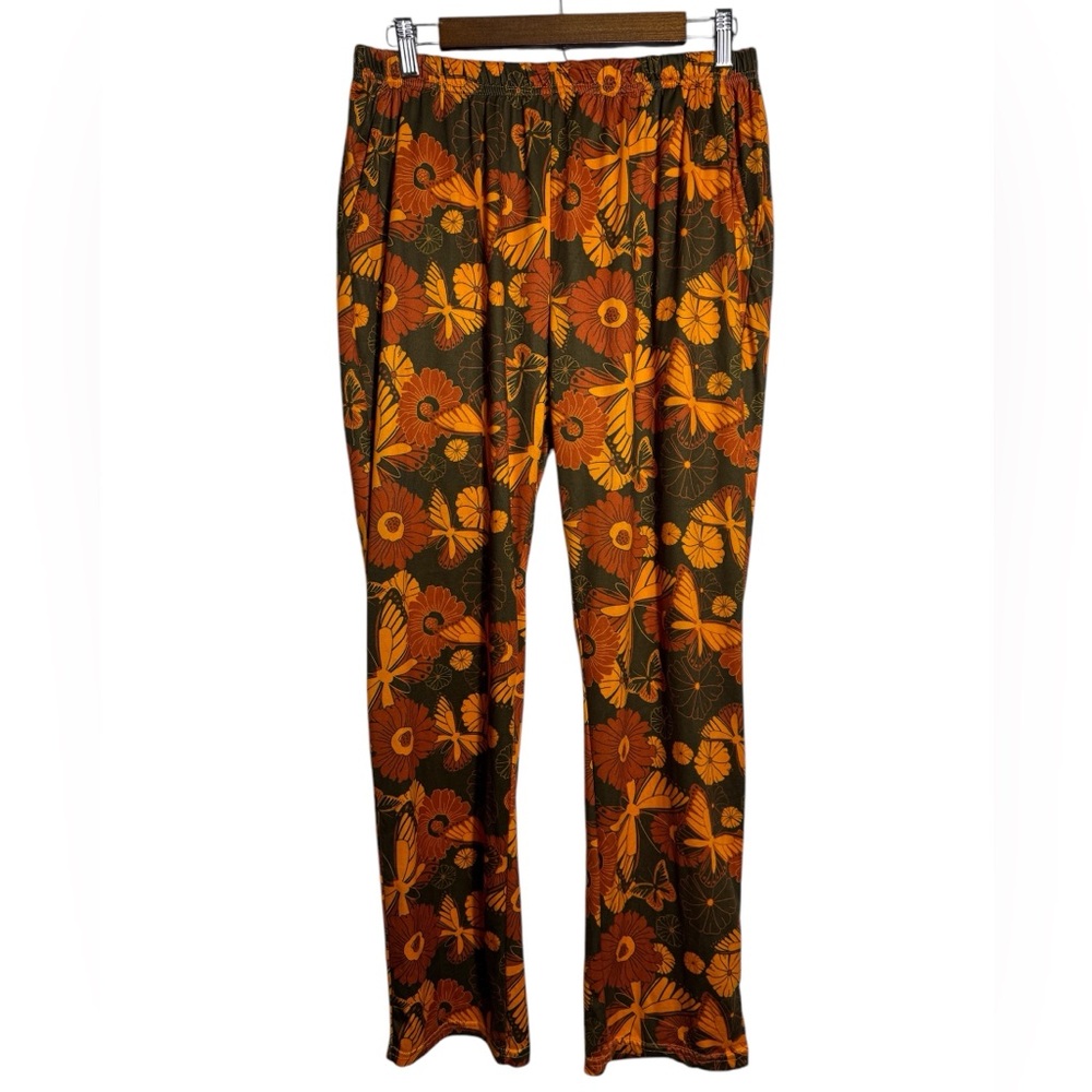 Earthbound Trading Co. Bohemian Floral Orange soft Pants, Pockets Sz L Festival
